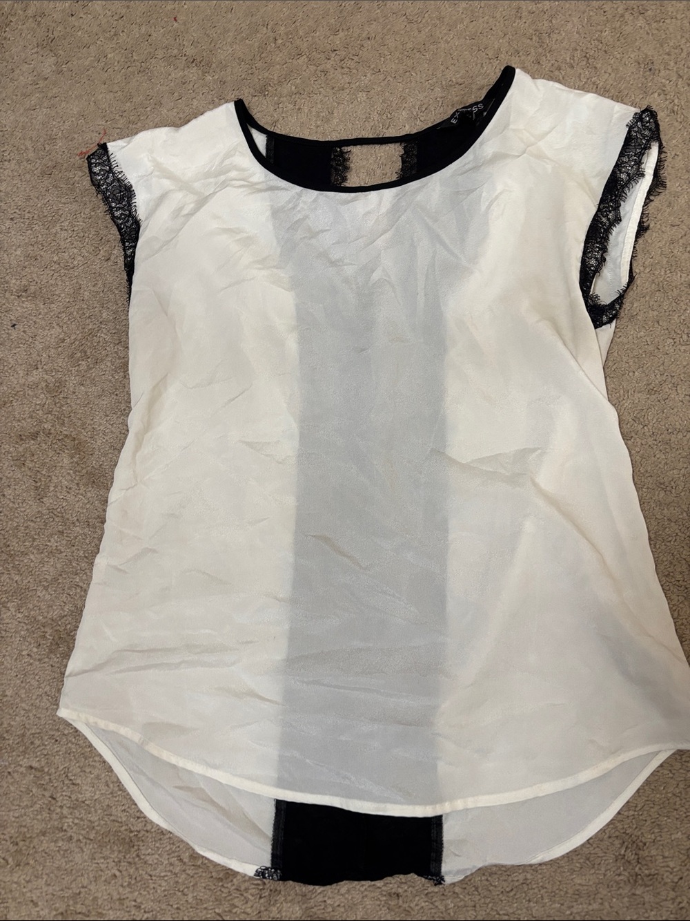 Express White Sheer Cap-Sleeve Blouse with Black Lace Trim